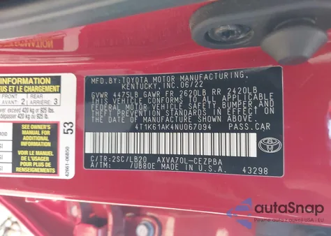 2022 Toyota Camry Xse z USA, uszkodzony, nr VIN 4T1K61AK4NU067094